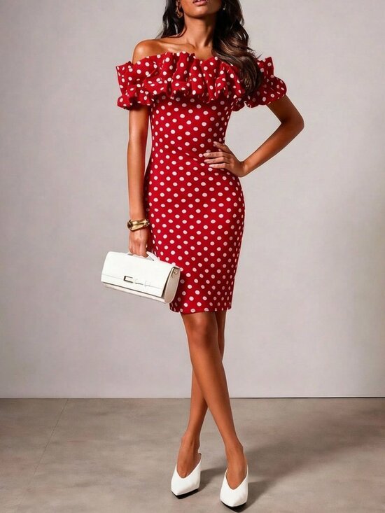 Dresses & Skirts - Red Elegant Women's Polka Dot print ruffled Off-Shoulder Mini Dress